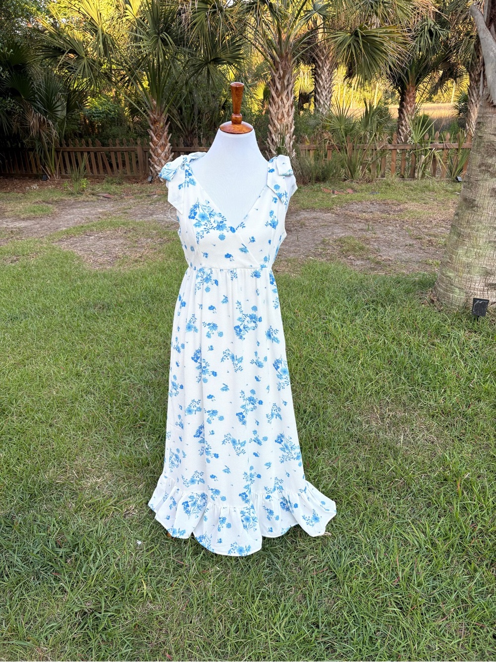 Sugarlips Cream Maxi Dress with Blue Floral Print